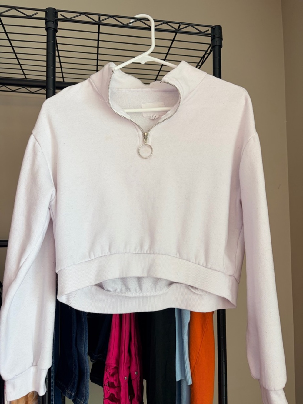 White Cropped Quarter-Zip Sweatshirt